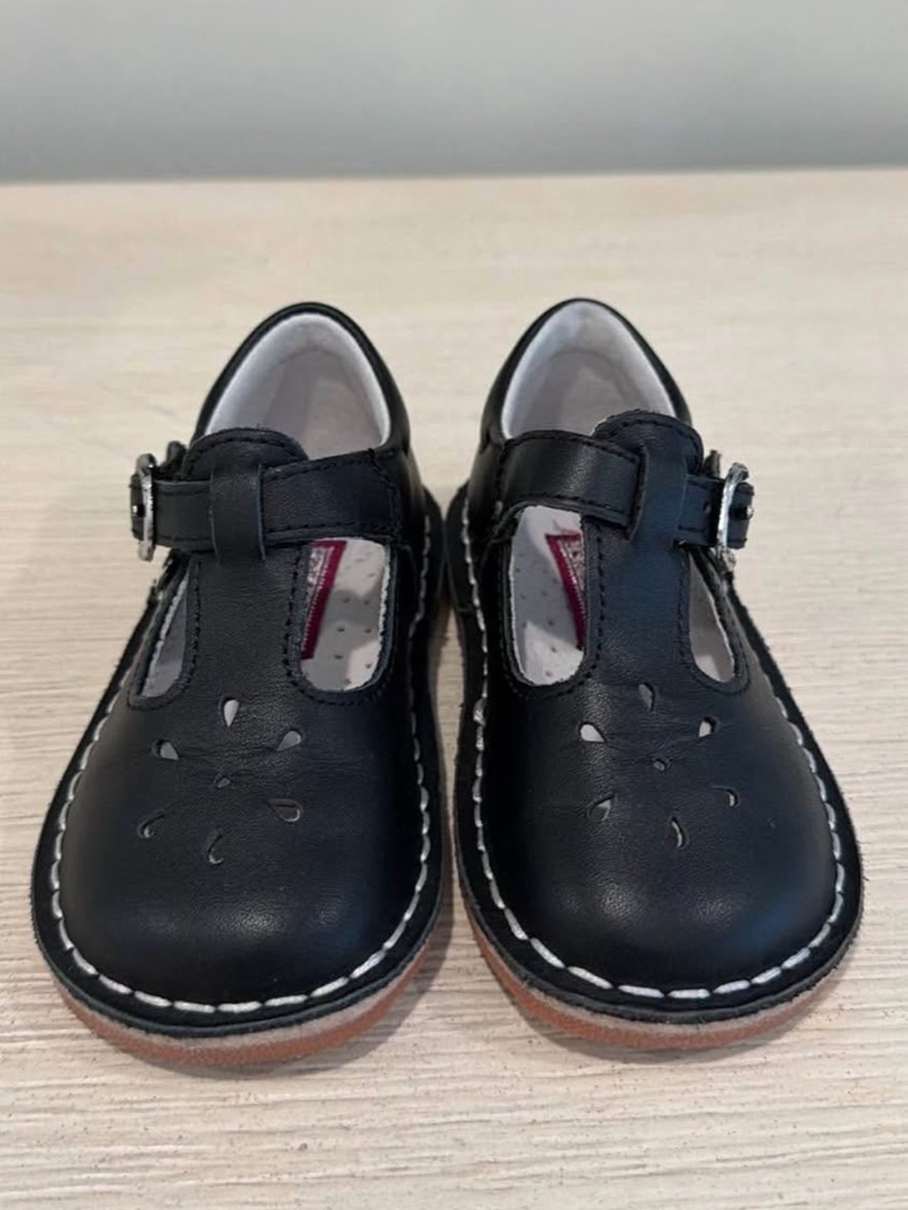 L'Amour Black T-Strap Kids Dress Shoes with Floral Cutouts